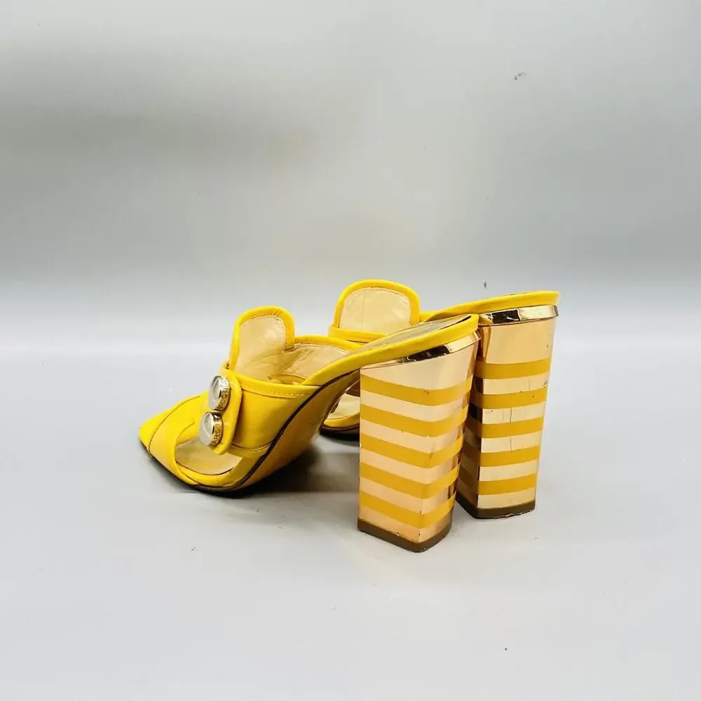 Marc By Marc Jacobs Sandals Womens 7.5 Yellow Patent Leather Slide Striped Heel